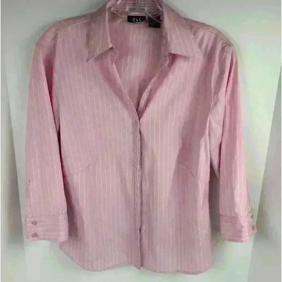 DCC Stretch Womenś Button Shirt Pink with white stripes- Size Petite Large - Picture 1 of 7